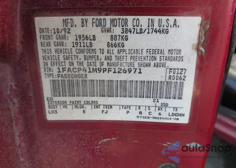 1993 Ford Mustang Lx из США, поврежденный, VIN 1FACP41M9PF126971